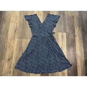 Kaileigh Navy Blue White Ditsy Floral Faux Wrap Ruffle Sleeve Dress XS